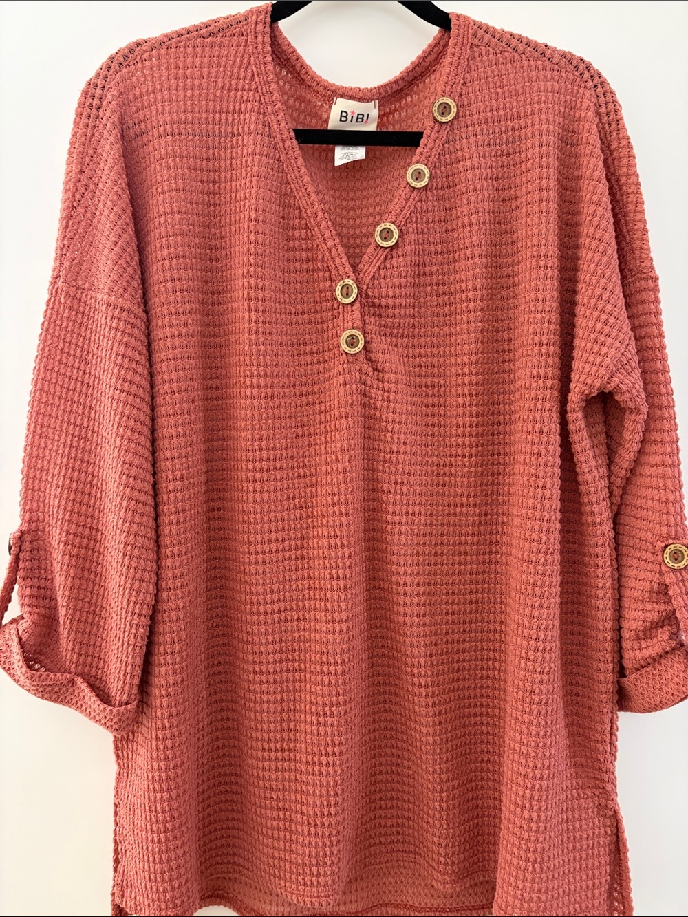 BiBi Coral Waffle Knit Button-Accent Pullover